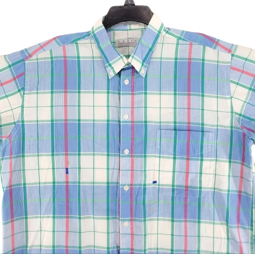 Vtg Levis Shirt Mens XL Tartan Plaid Button Down Blue White Colorgraphs 80s SS
